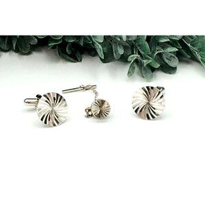 Vintage Silver-Tone Swirl Mens Cufflinks & Tie Tack Set With Chain Classic Desig
